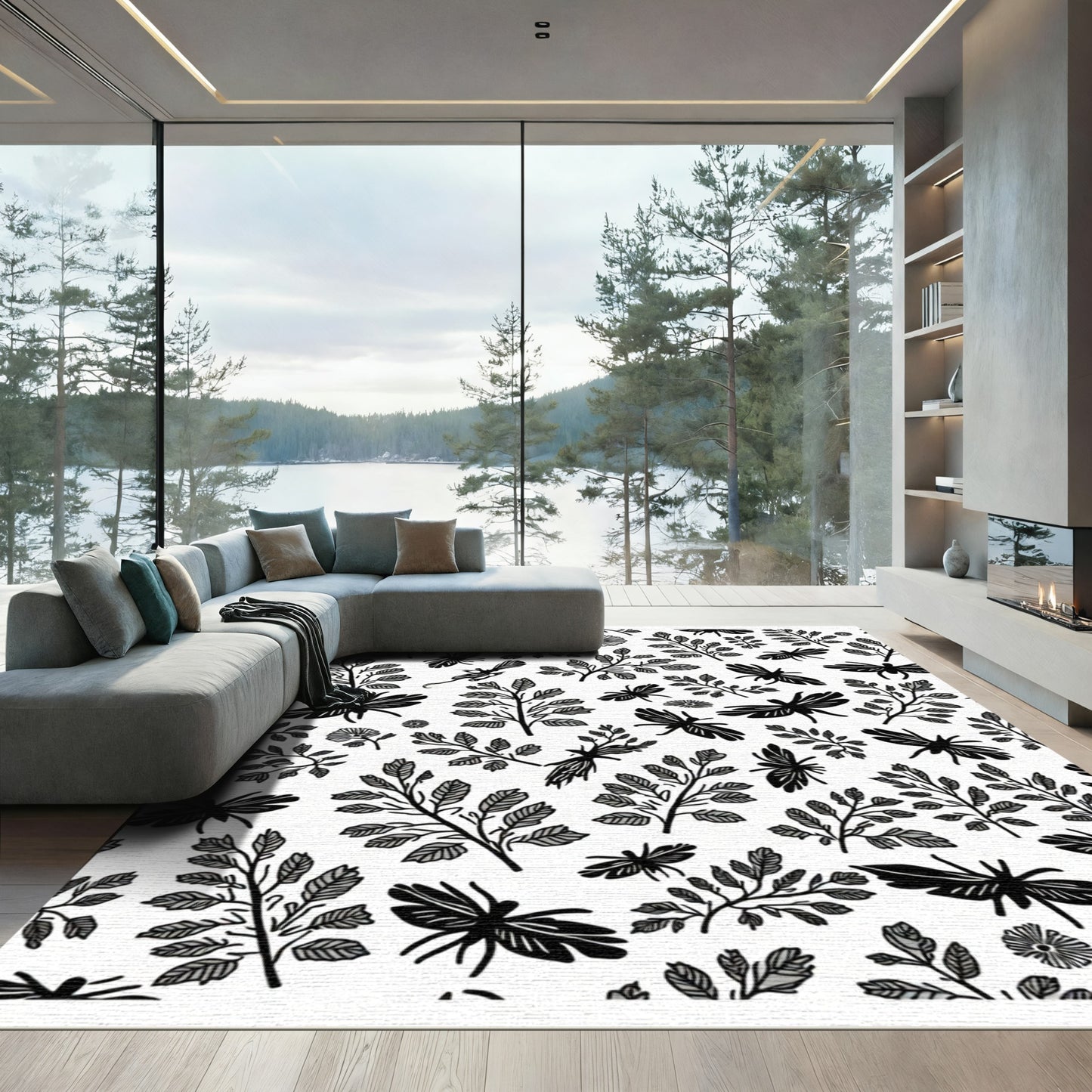 Black White Dragonfly Leaf Nature Repeat Rug