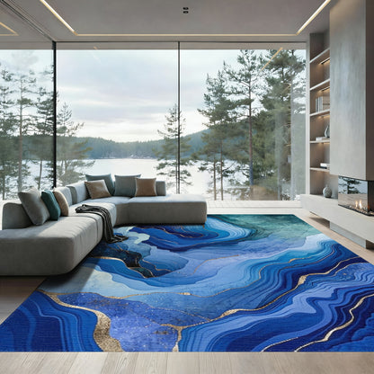 Teal Navy Gold Fluid Wave Rug