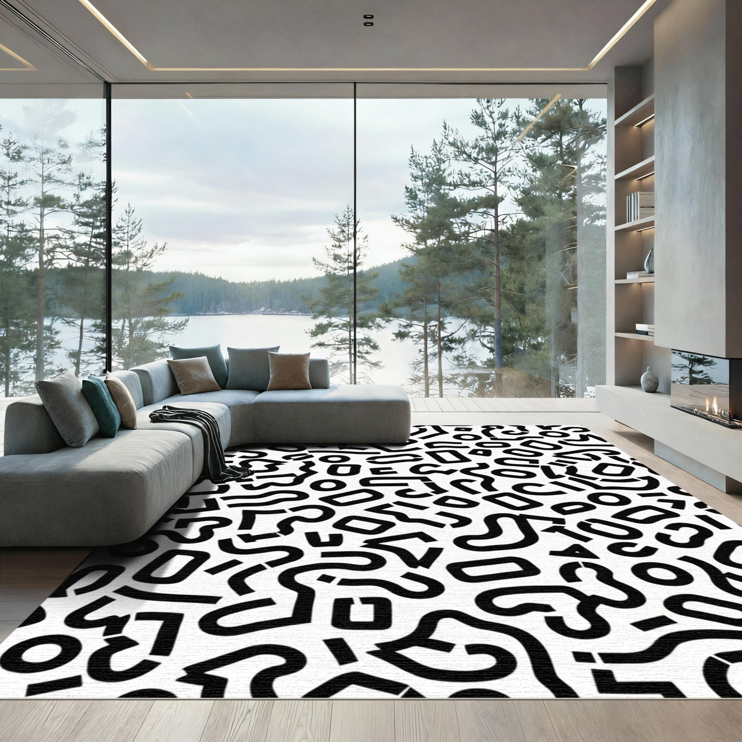 Bold Black Abstract Memphis Shapes Rug