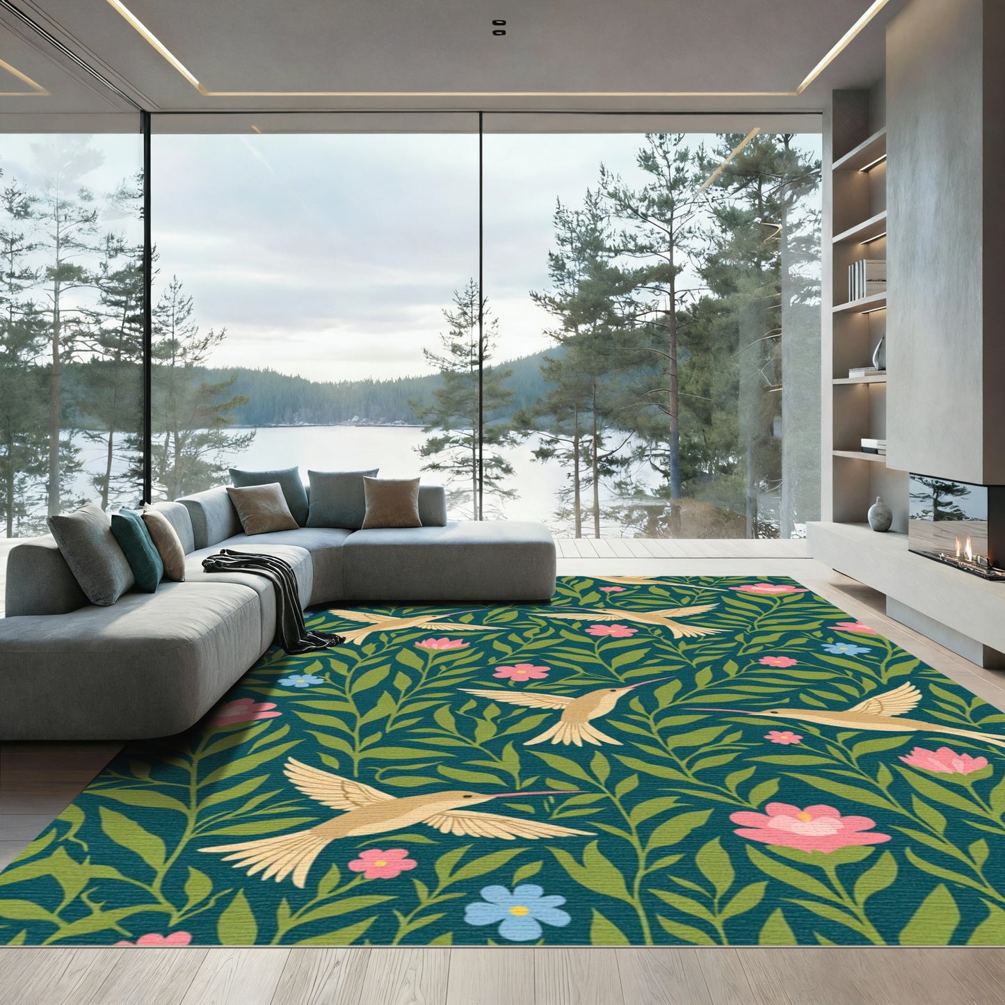 Golden Hummingbird Floral Garden Rug