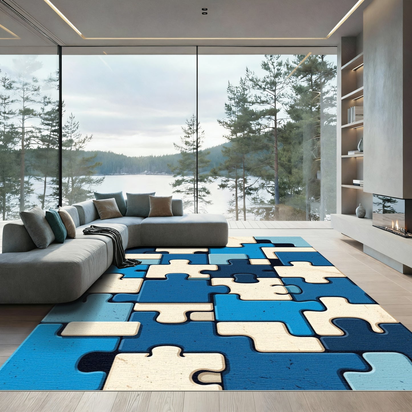 Blue and Cream Puzzle Pieces Rug