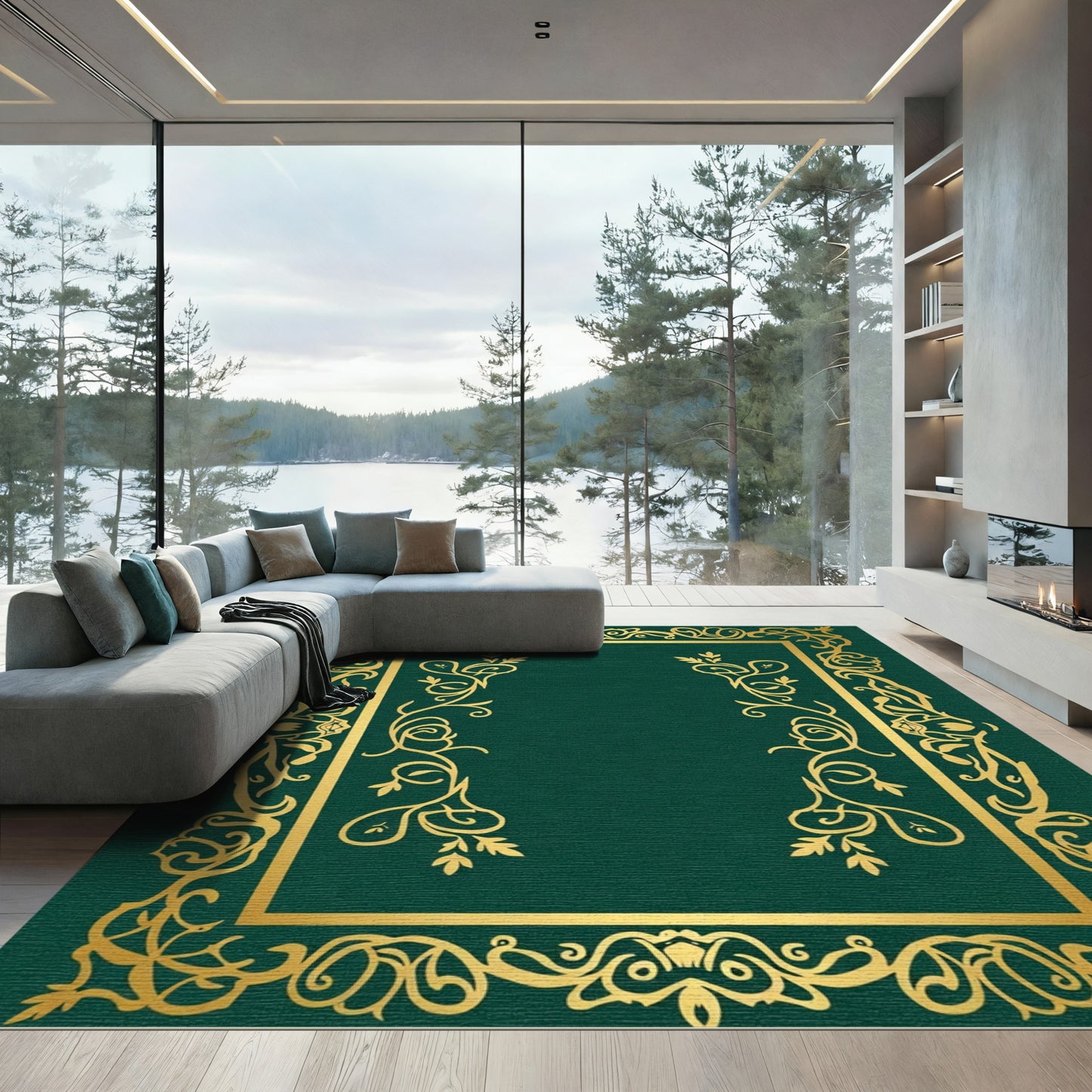 Elegant Gold Scrollwork Emerald Border Rug