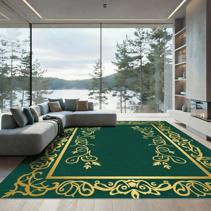 Elegant Gold Scrollwork Emerald Border Rug