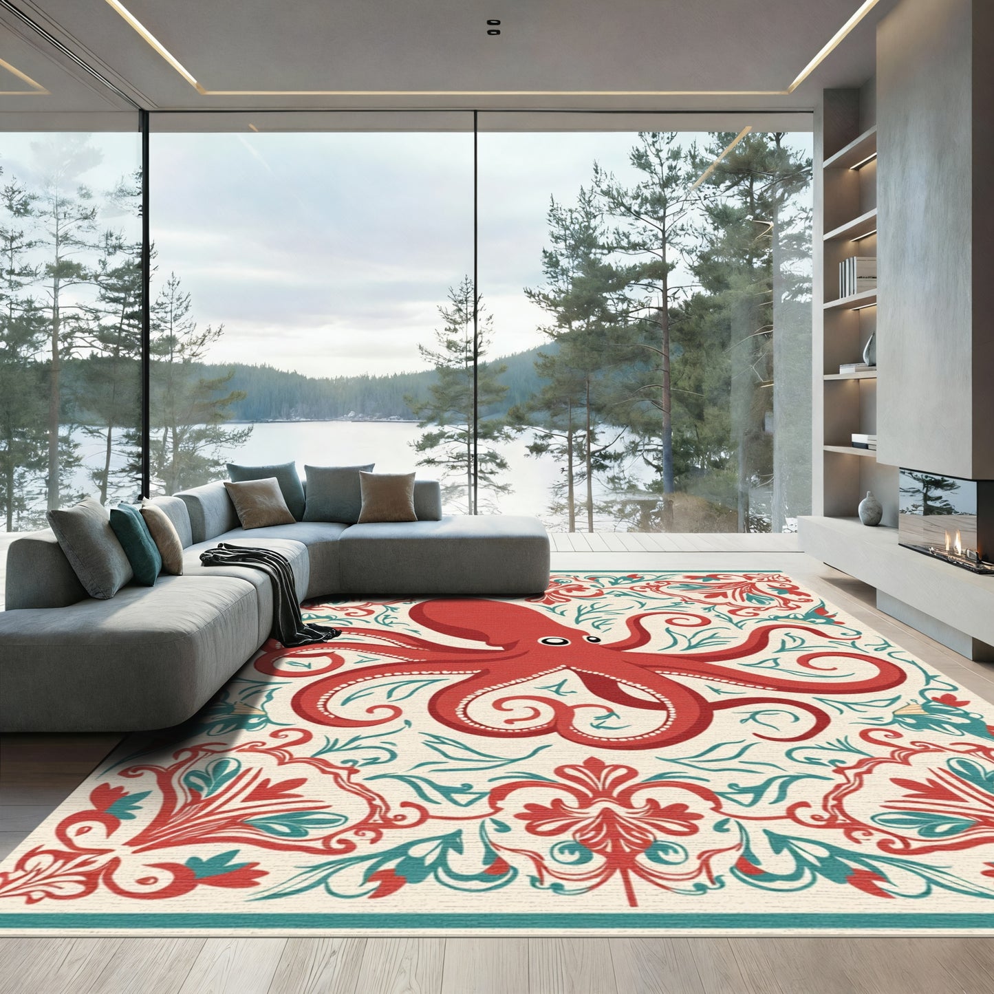 Crimson Octopus Floral Swirl Rug