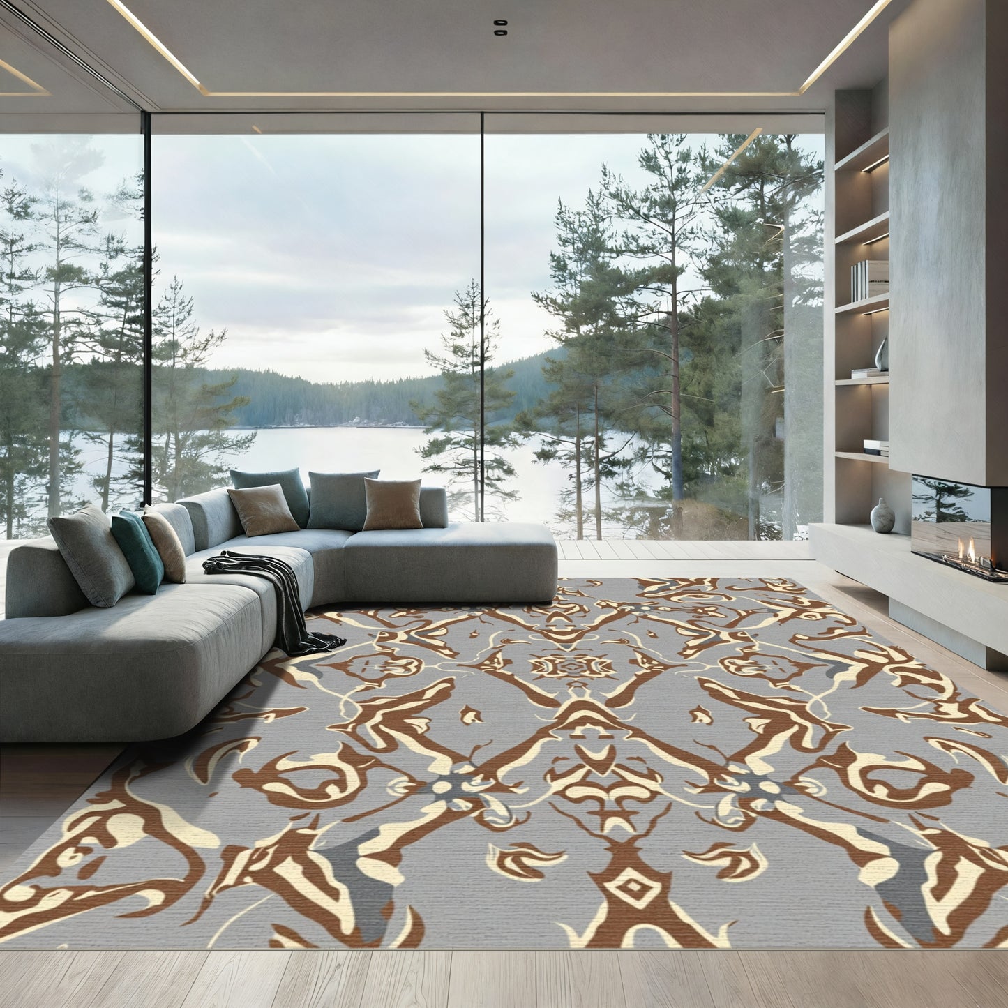 Earthy Neutral Swirl Abstract Medallion Rug