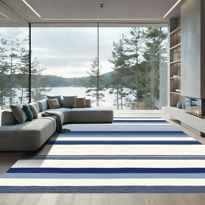Navy Blue Cream Stripe Texture Rug