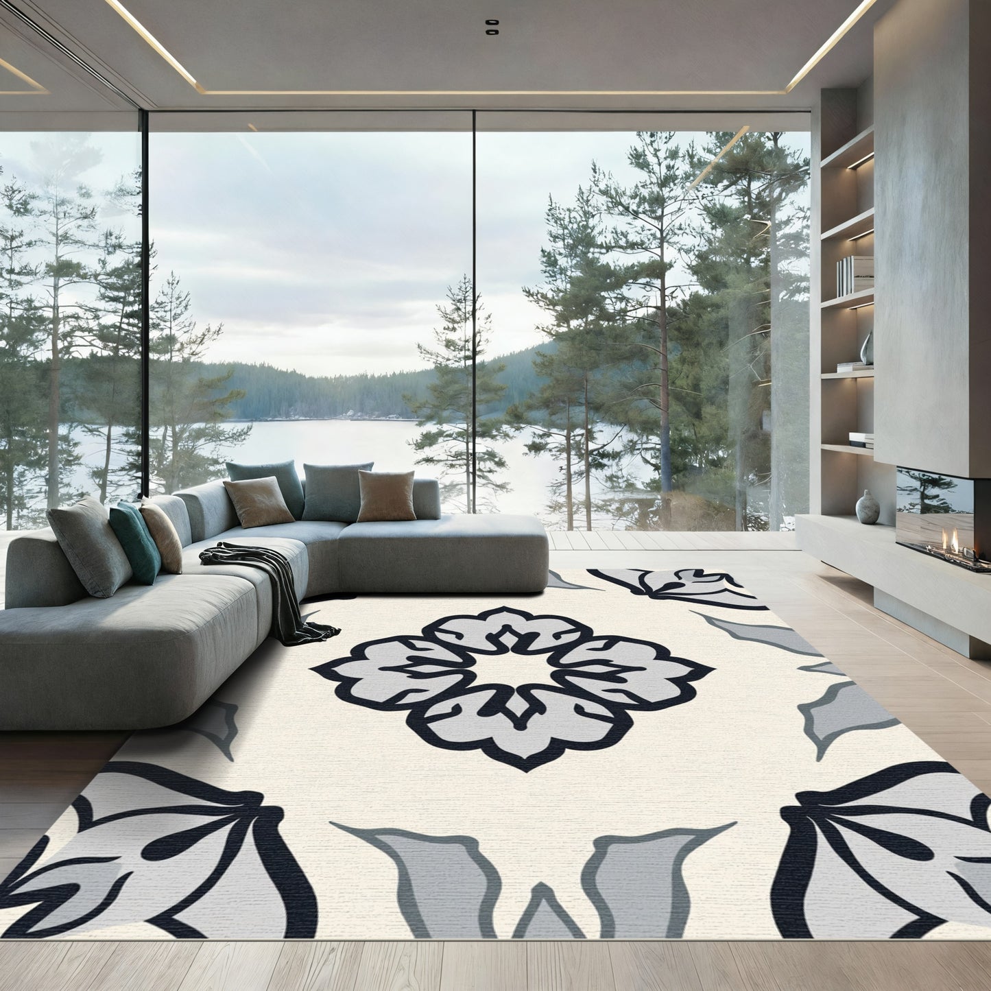 Cream Gray Floral Medallion Rug