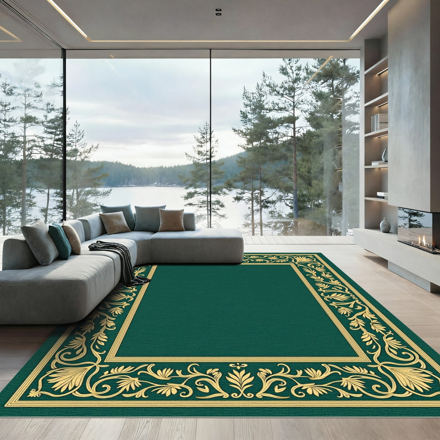 Emerald Green Gilded Floral Border Rug