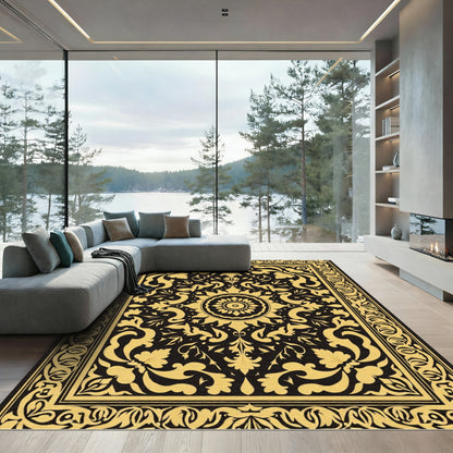 Golden Floral Medallion Black Rug