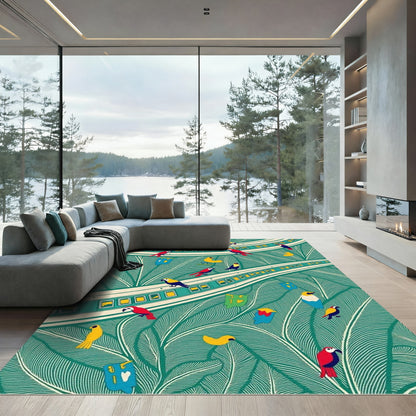 Tropical Birds Amidst Leafy Green Swirls Rug