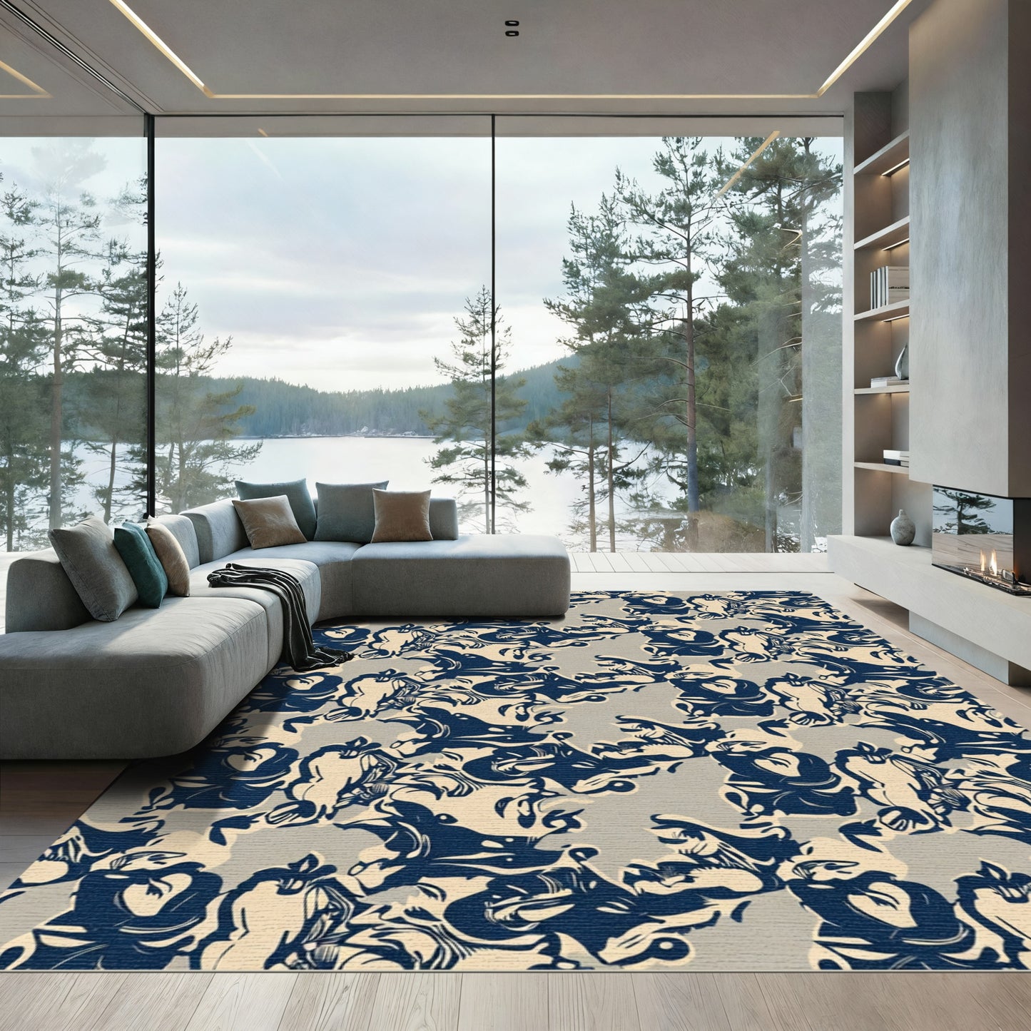 Navy Blue Ink Blot Floral Rug