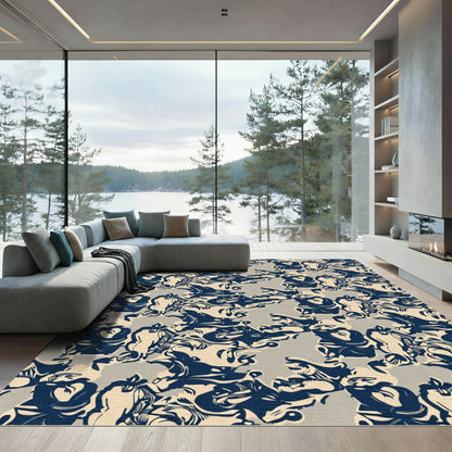 Navy Blue Ink Blot Floral Rug
