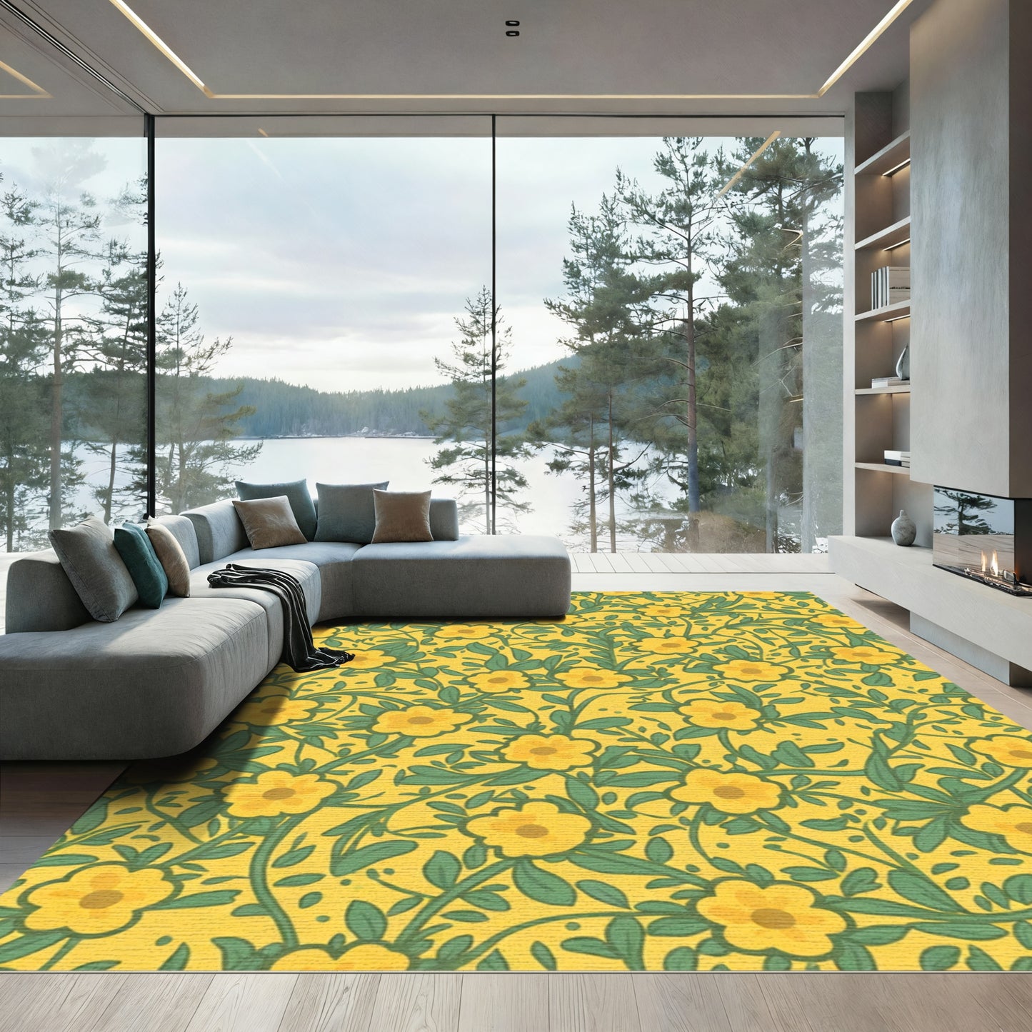 Golden Yellow Floral Vine Rug