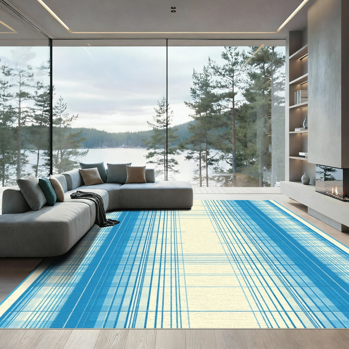 Aqua Blue Plaid Texture Rug