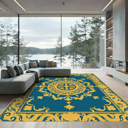 Deep Blue Floral Medallion Frame Rug