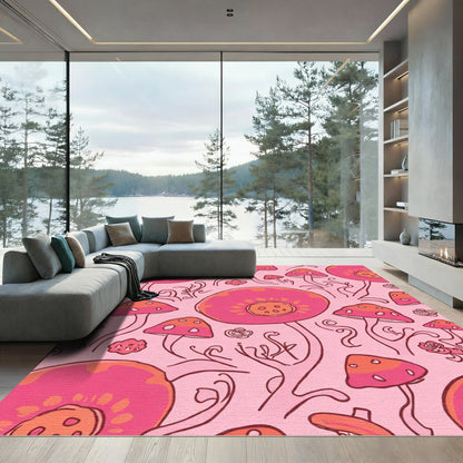 Pink Whimsical Mushroom Garden Art Rug