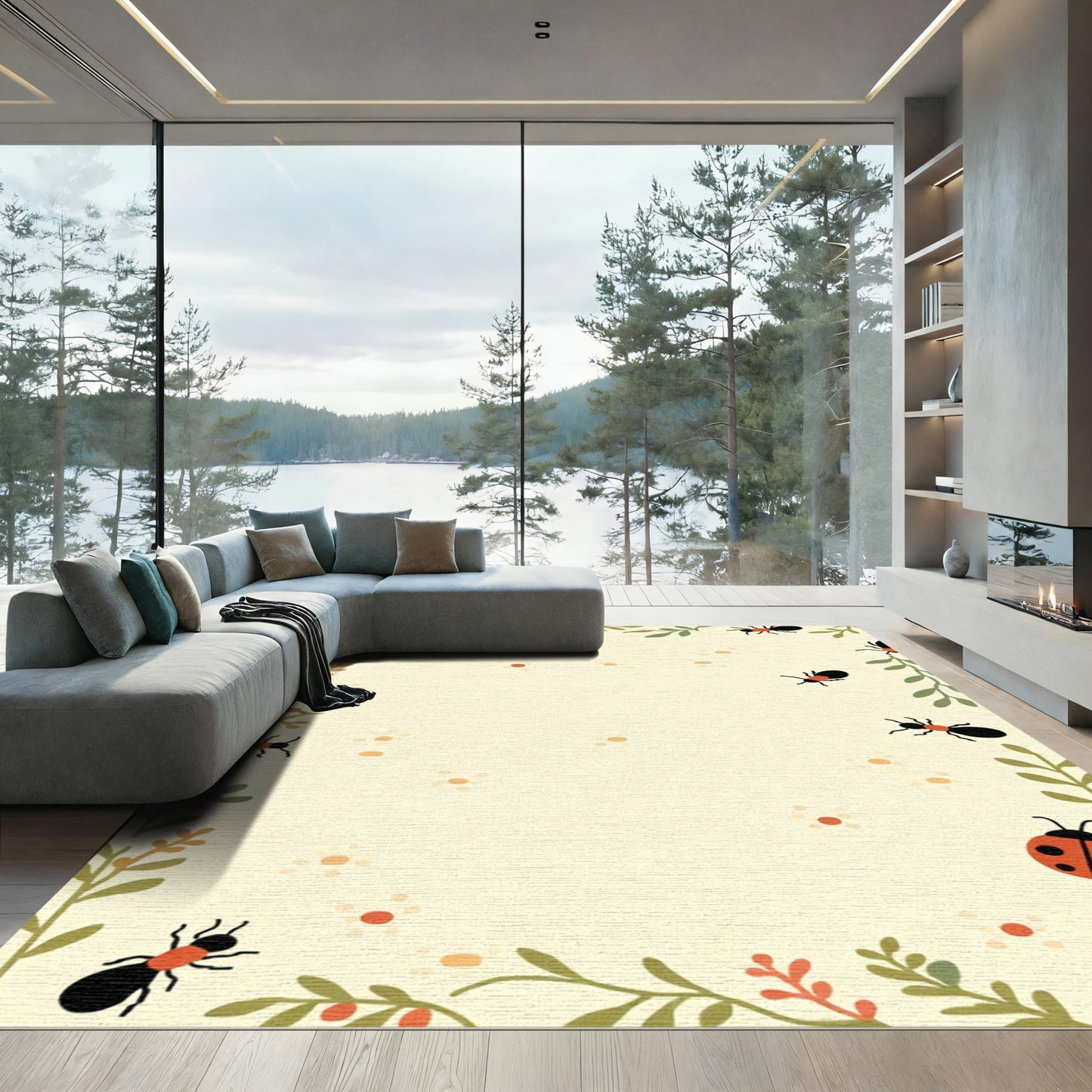 Whimsical Ladybugs Ants Botanical Border Rug