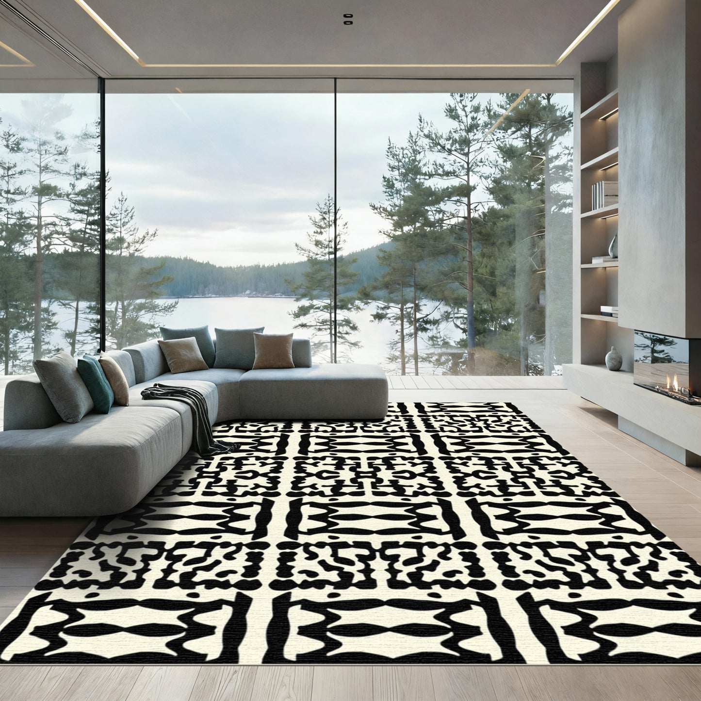 Bold Tribal Abstract Ivory Black Rug