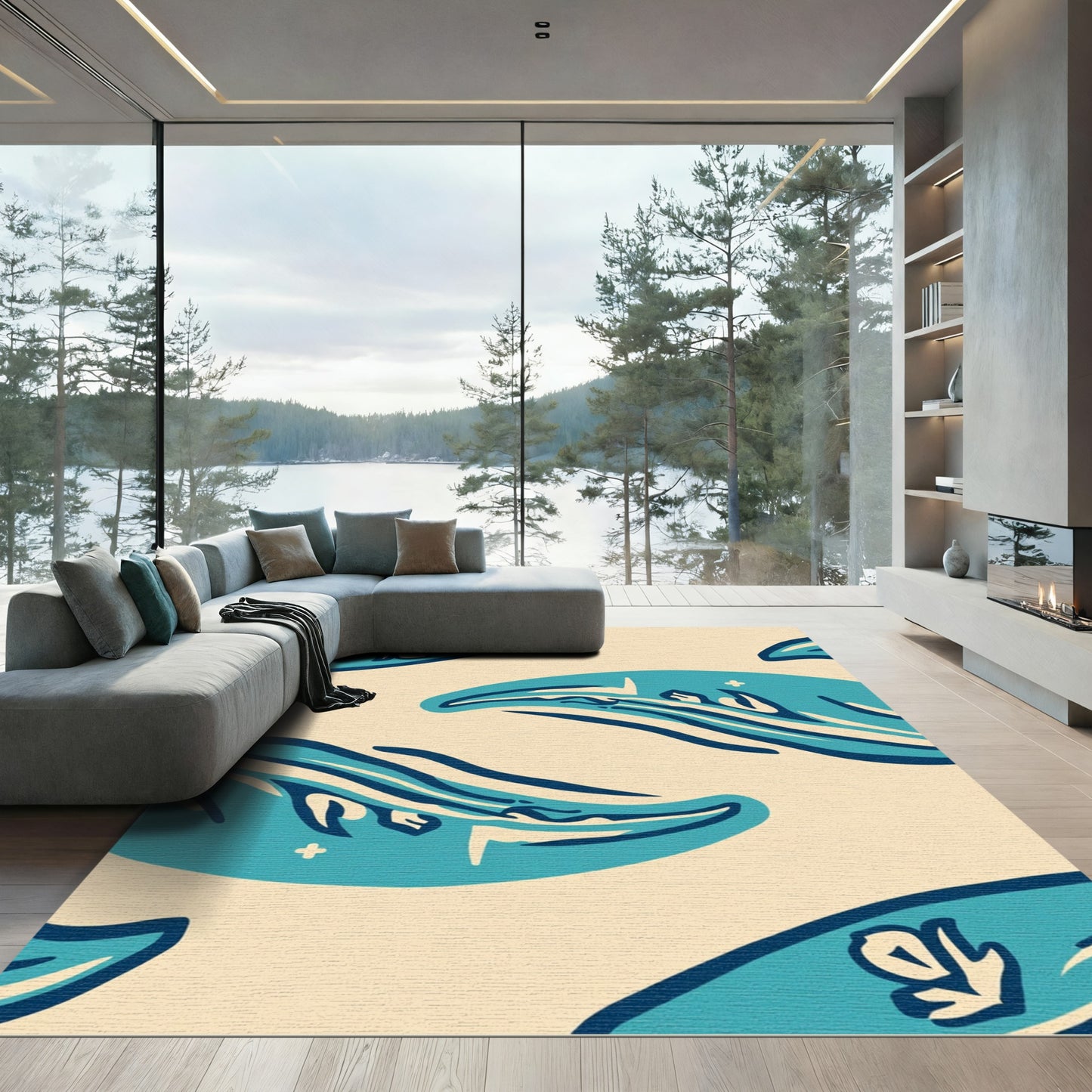 Oceanic Teal Wave Composition Rug