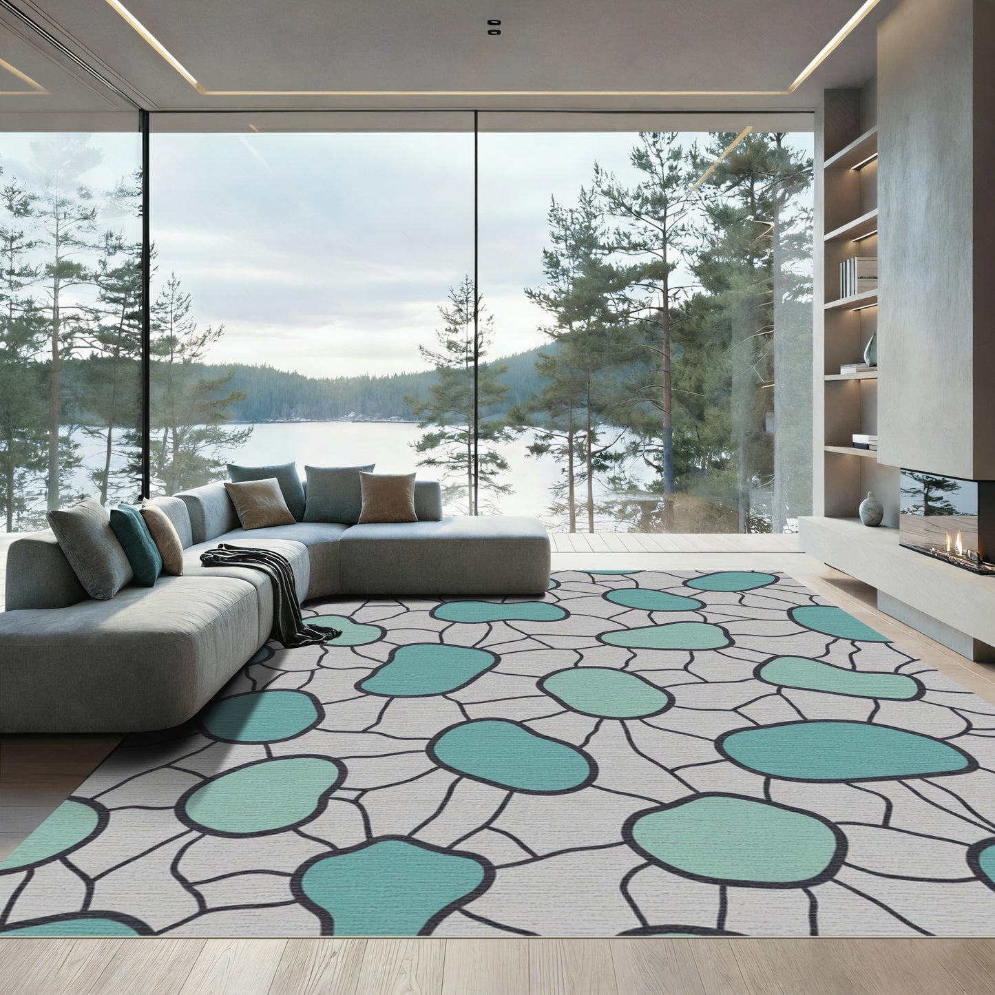 Teal Pebbles Gray Contemporary Abstract Rug
