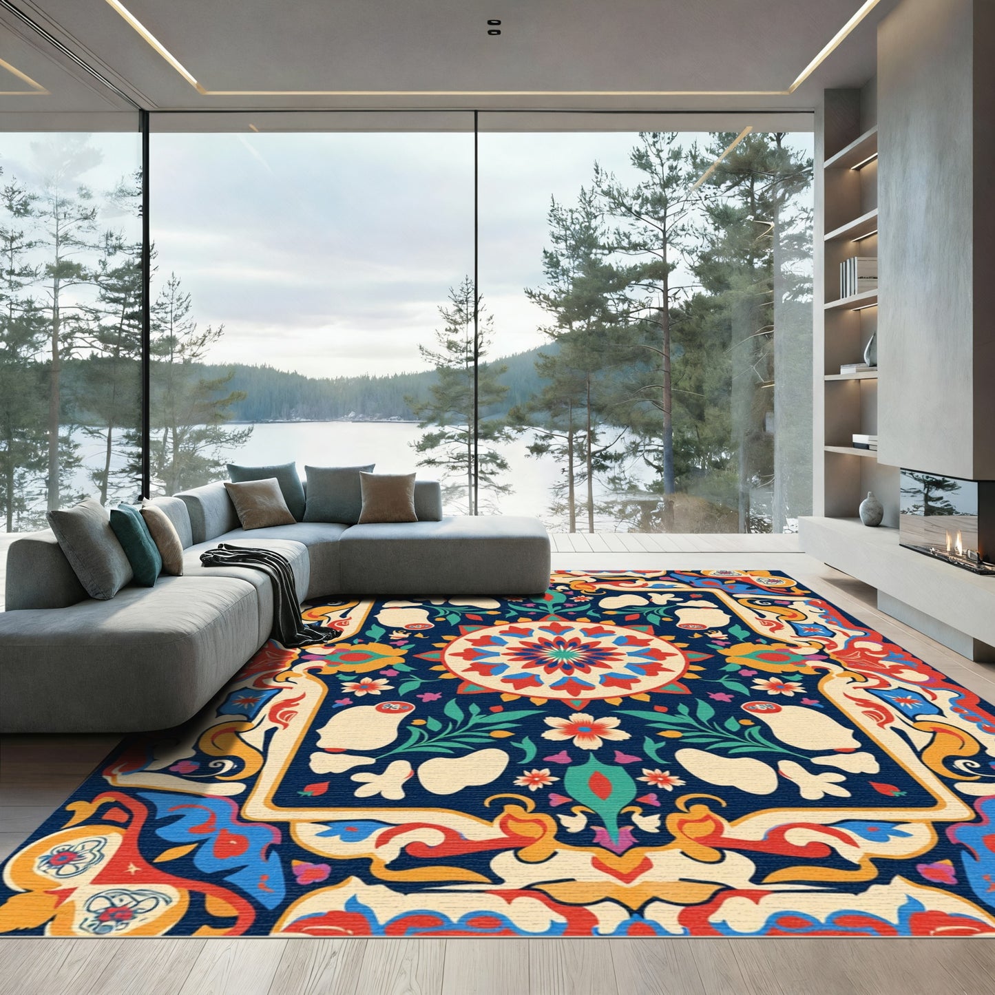 Ornate Floral Medallion Navy Rug