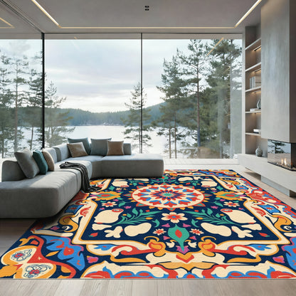 Ornate Floral Medallion Navy Rug