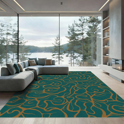 Teal Gold Organic Swirl Abstract Rug