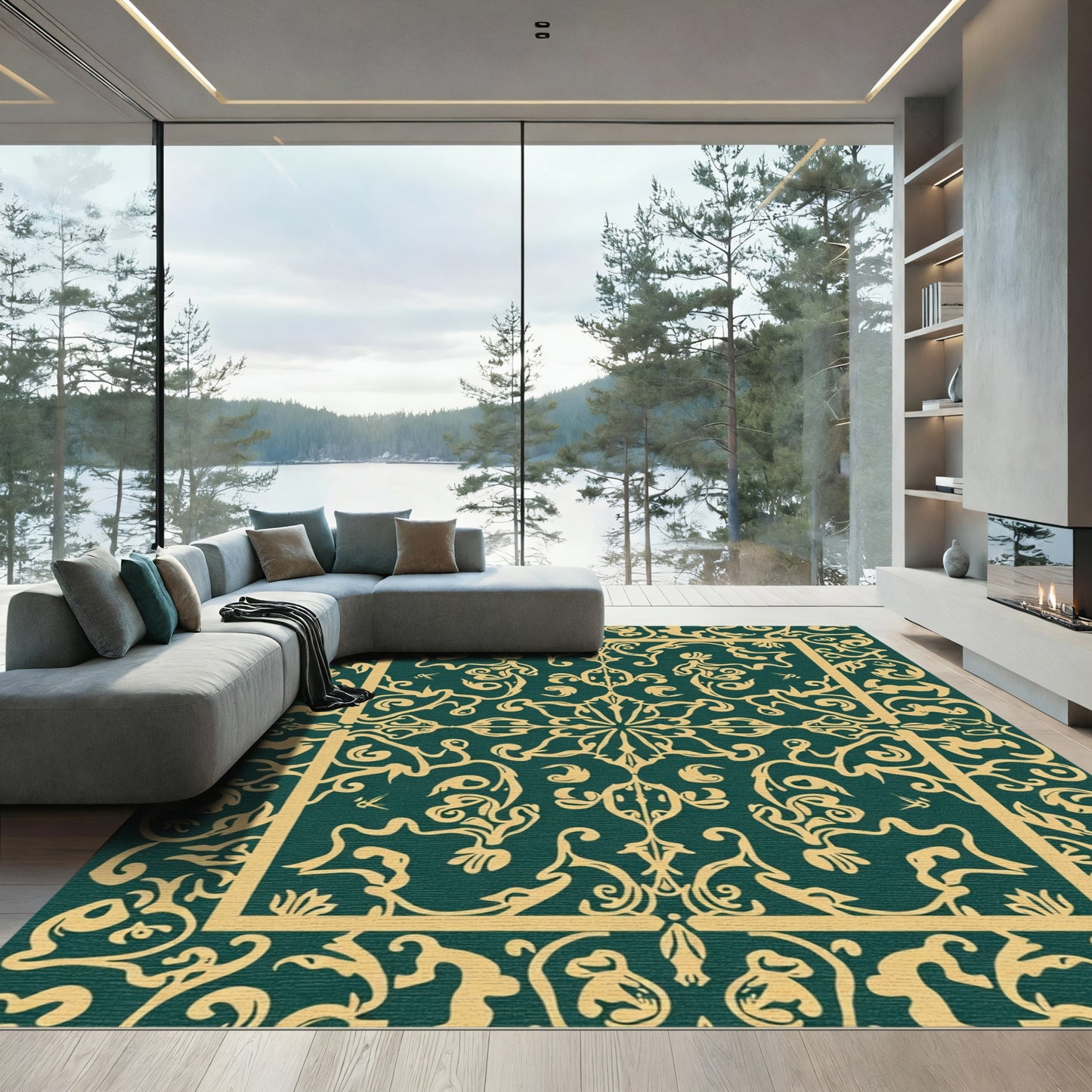Deep Emerald Golden Rococo Square Rug