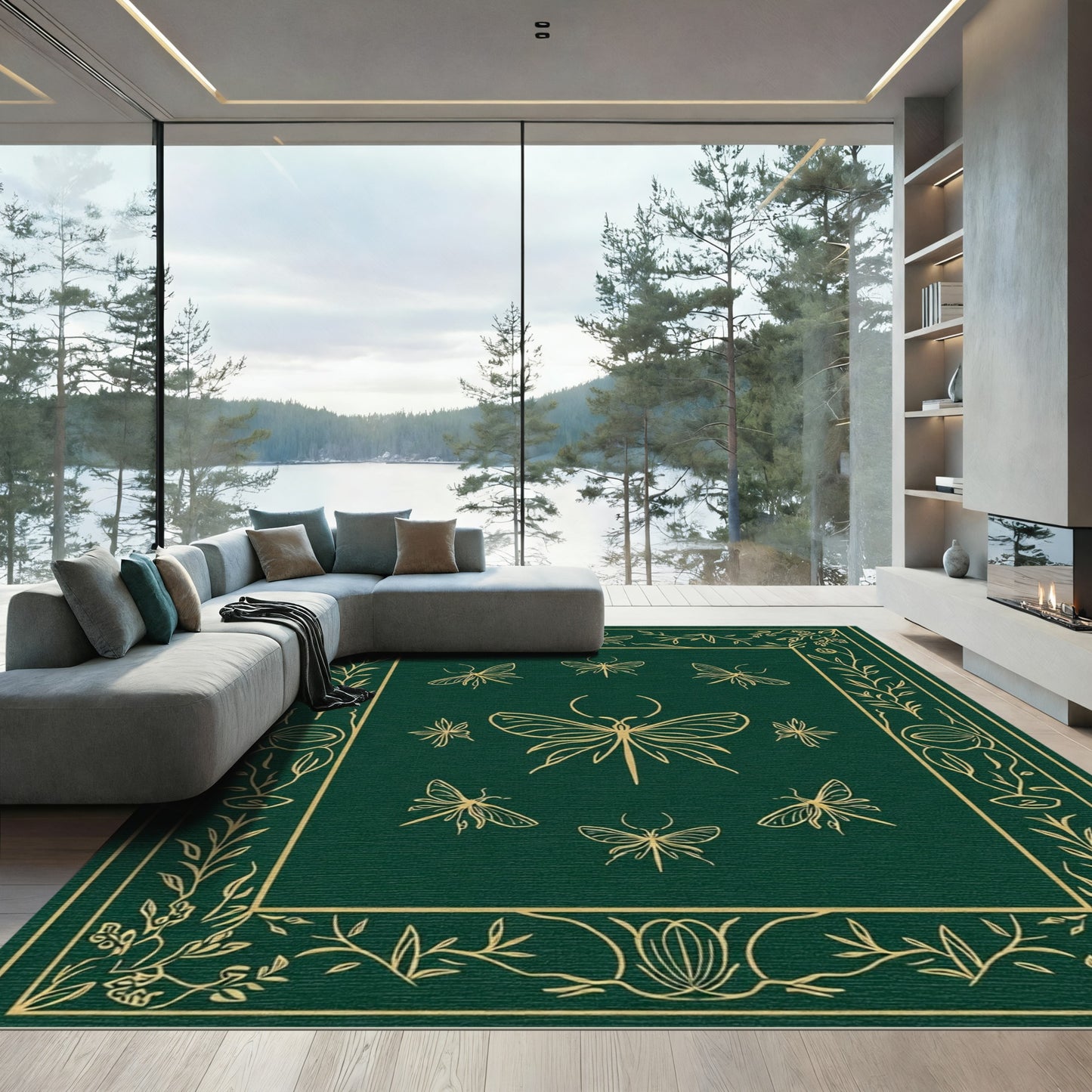Emerald Green Gold Insect Border Rug