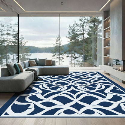 Navy White Symmetrical Scrollwork Rug