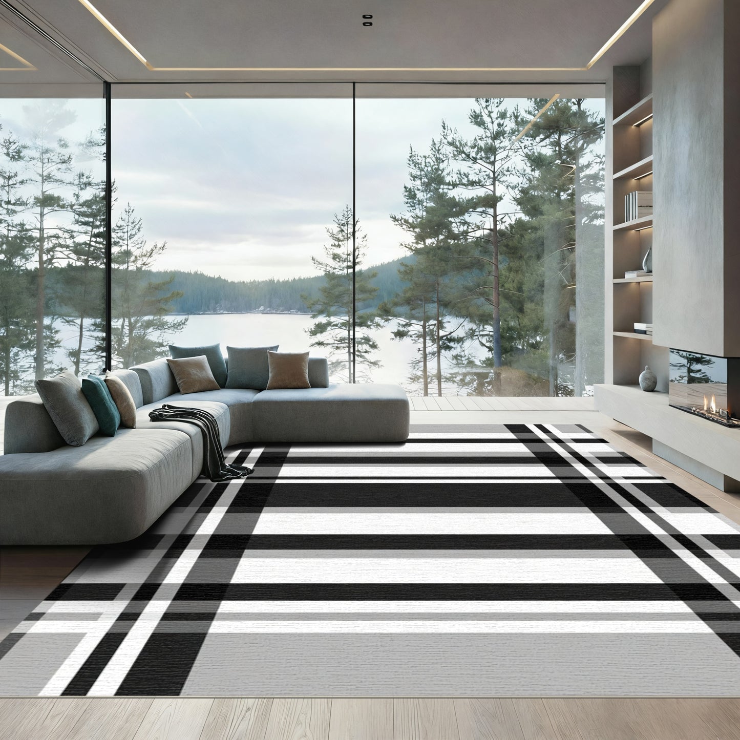 Modern Black White Plaid Stripes Rug