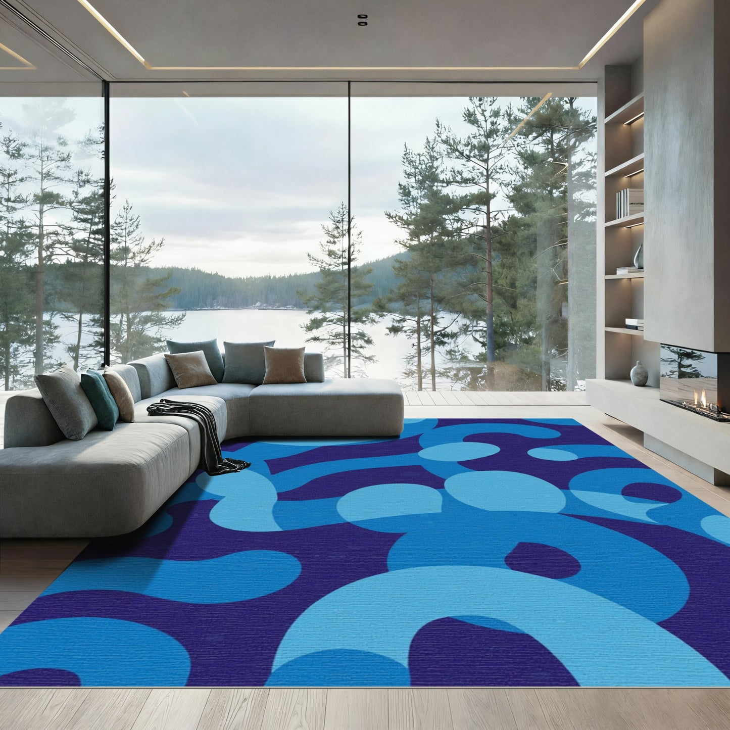 Deep Blue Curving Abstract Forms Rug