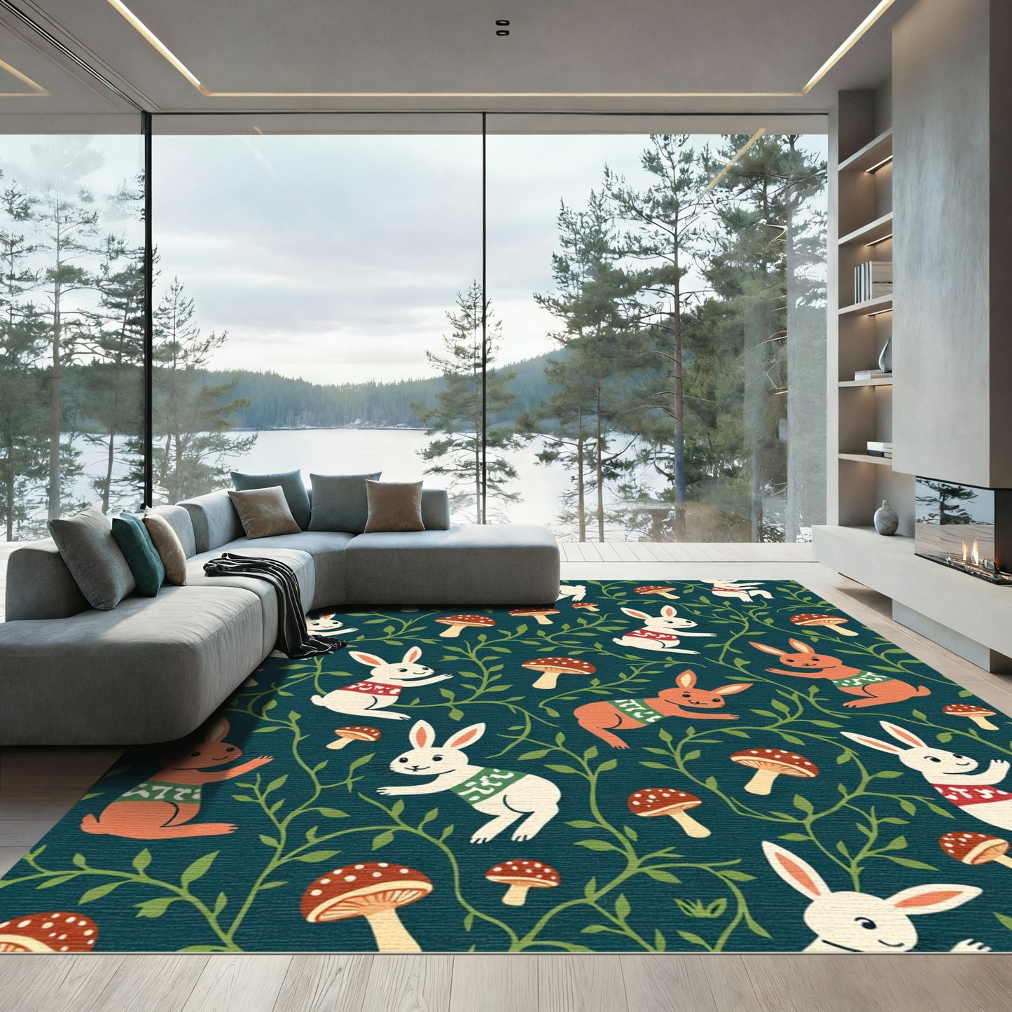 Whimsical Bunnies and Mushrooms Garden Rug