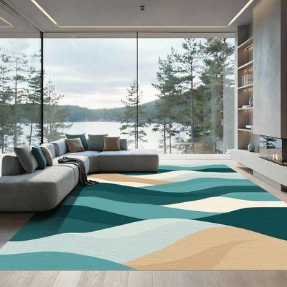 Abstract Teal Beige Wave Landscape Rug