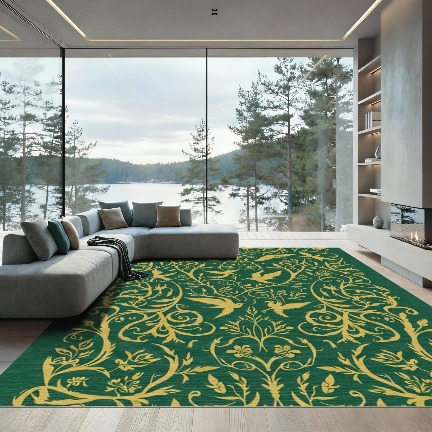 Golden Birds Green Floral Garland Rug