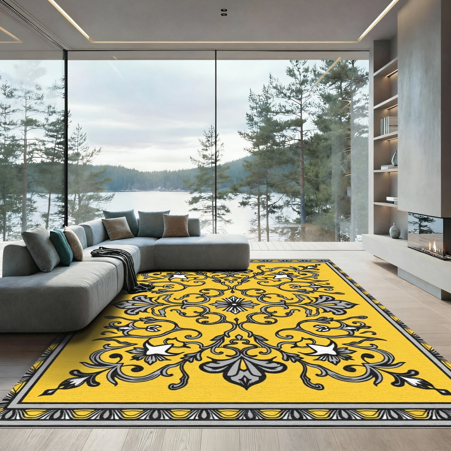 Golden Ochre Damask Scrollwork Ornament Rug