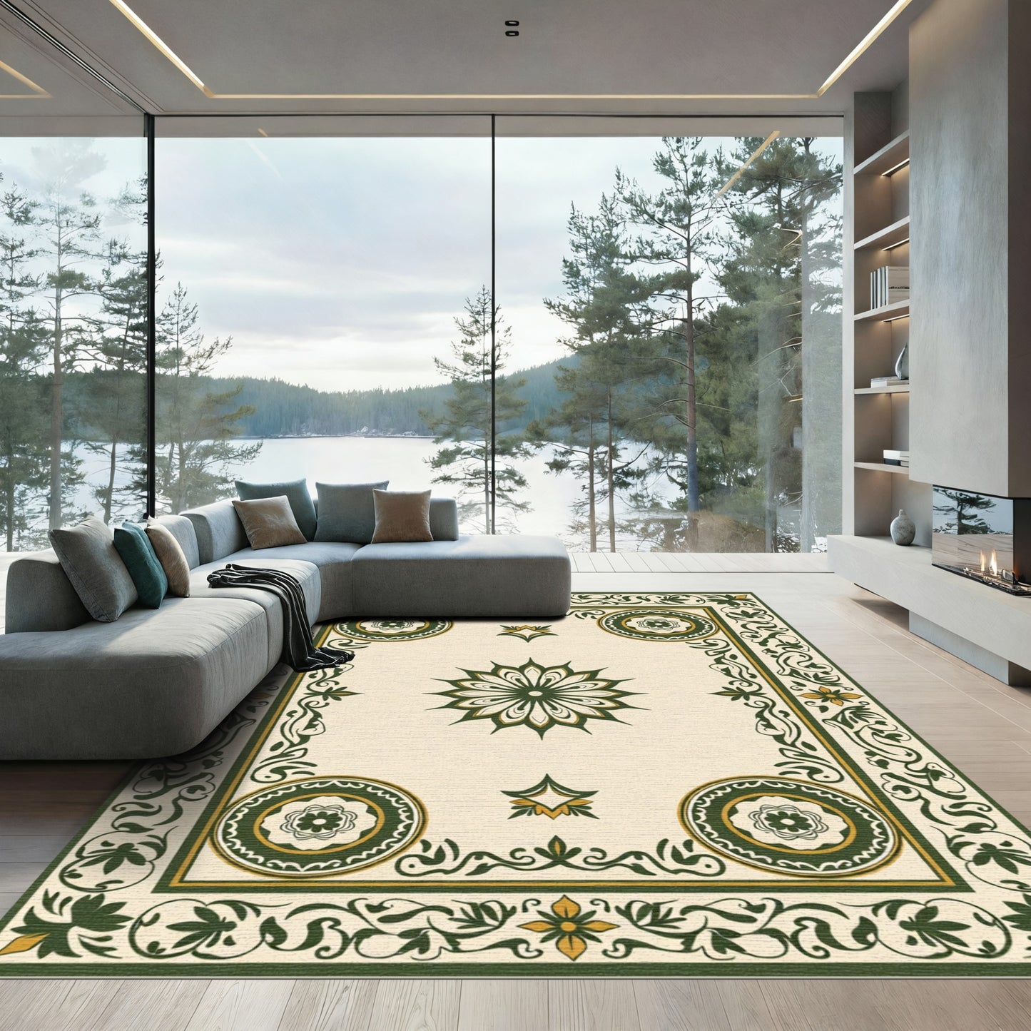 Green Ivory Floral Medallion Border Rug