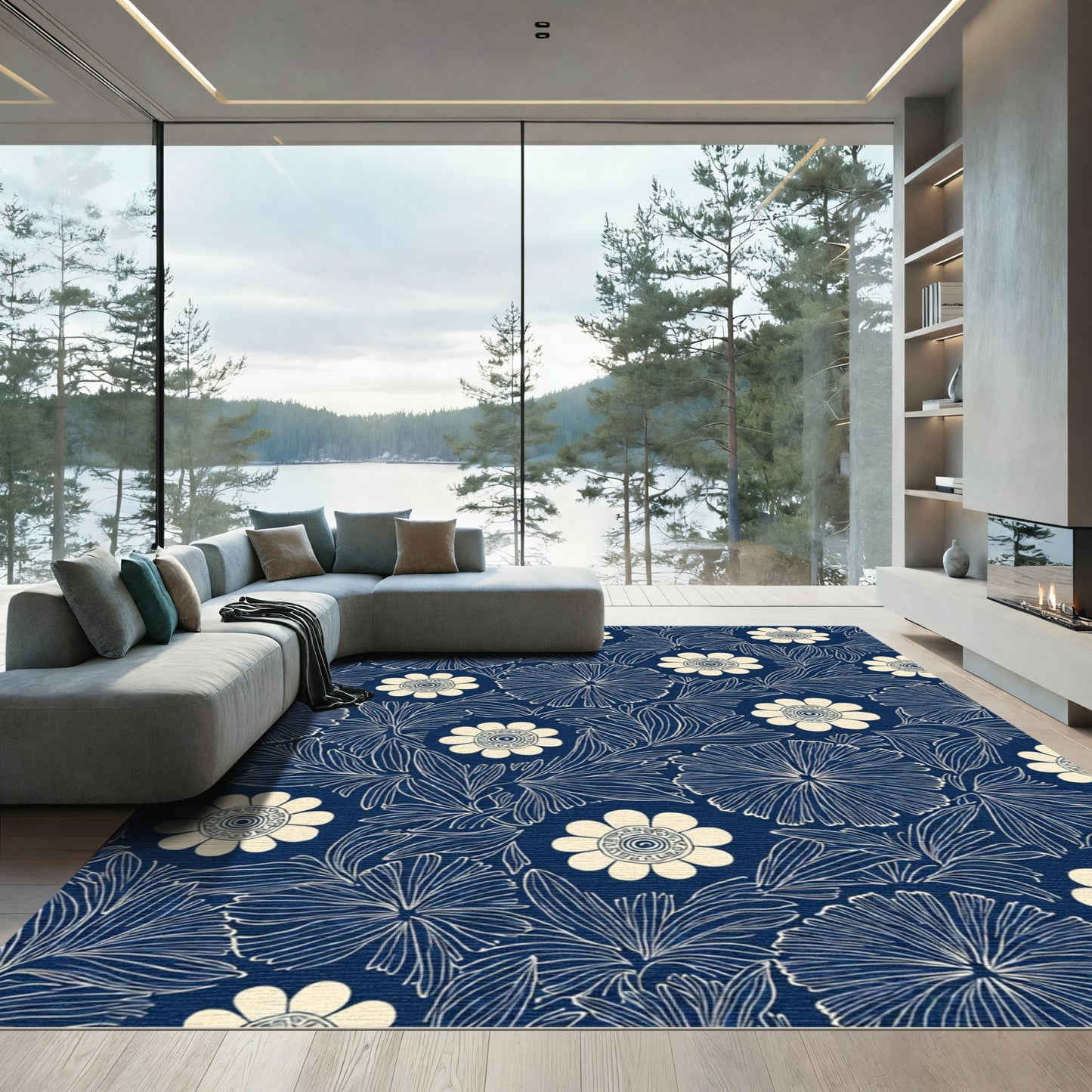 Navy Cream Detailed Floral Garden Rug