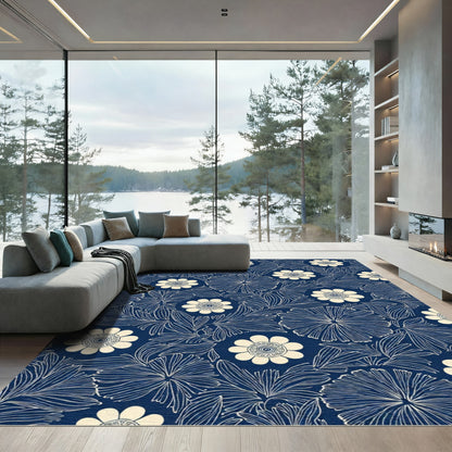 Navy Cream Detailed Floral Garden Rug