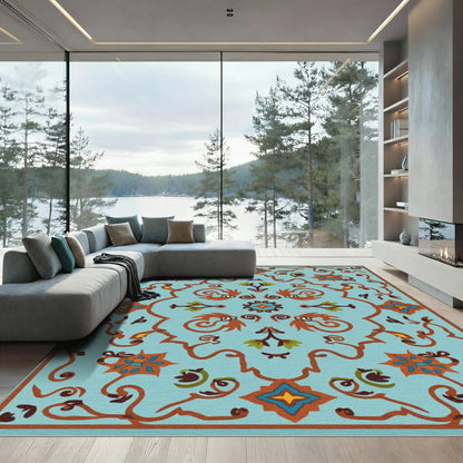 Teal Orange Floral Vine Arabesque Rug