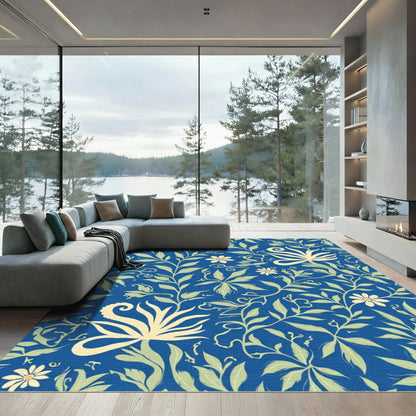 Cobalt Blue Floral Vine Garden Rug