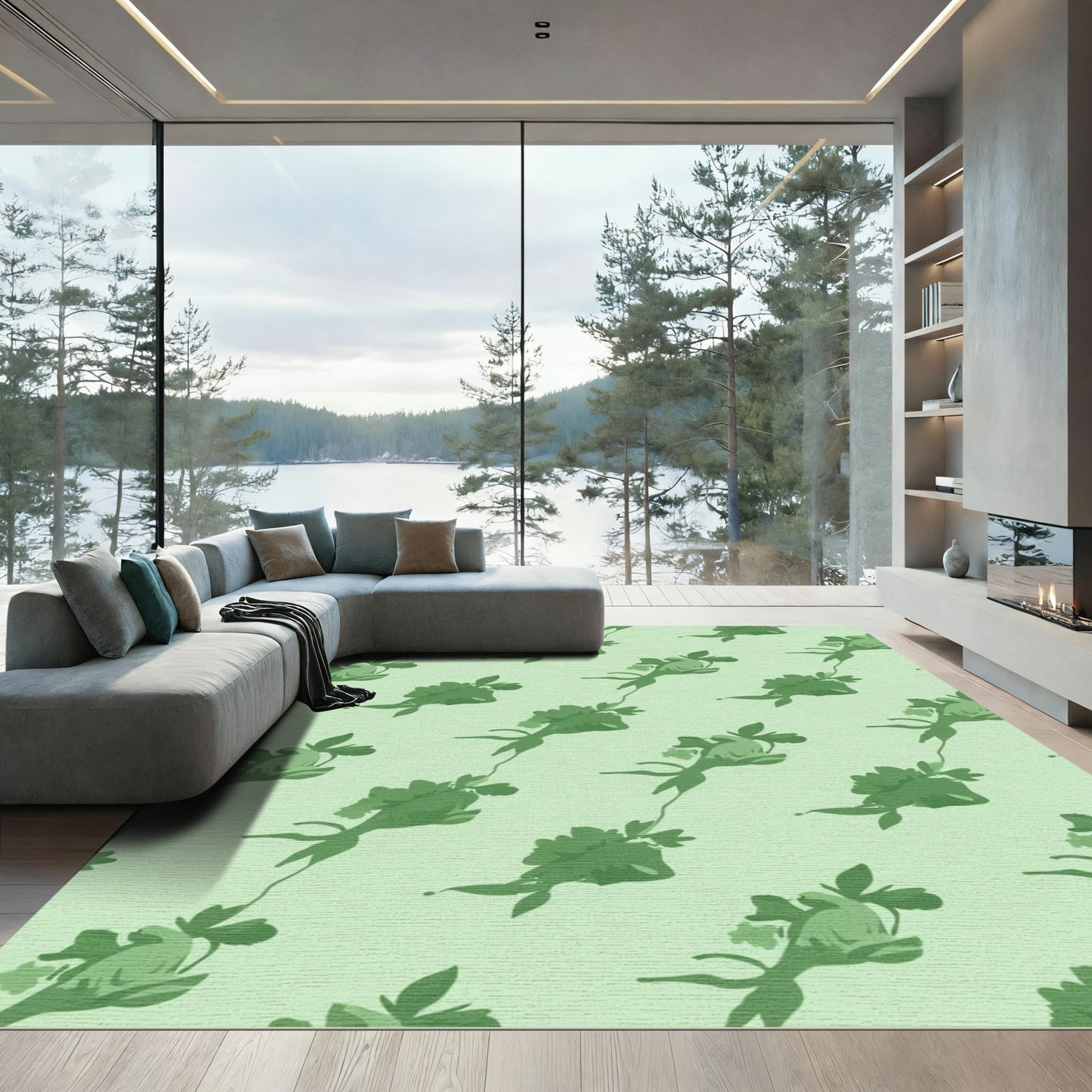 Green Floral Vine Repeating Rug