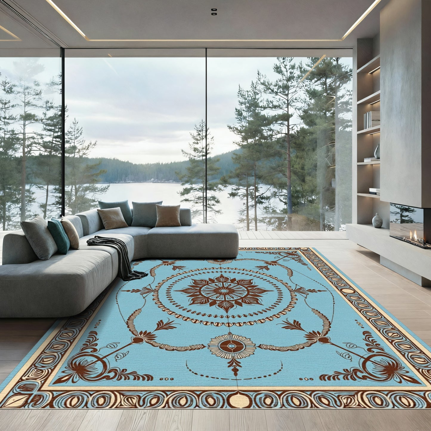 Ornate Brown Floral Medallion Blue Accents Rug