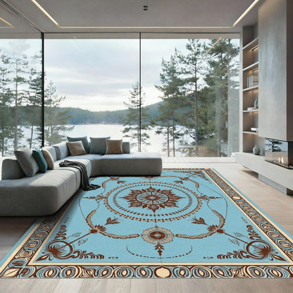 Ornate Brown Floral Medallion Blue Accents Rug