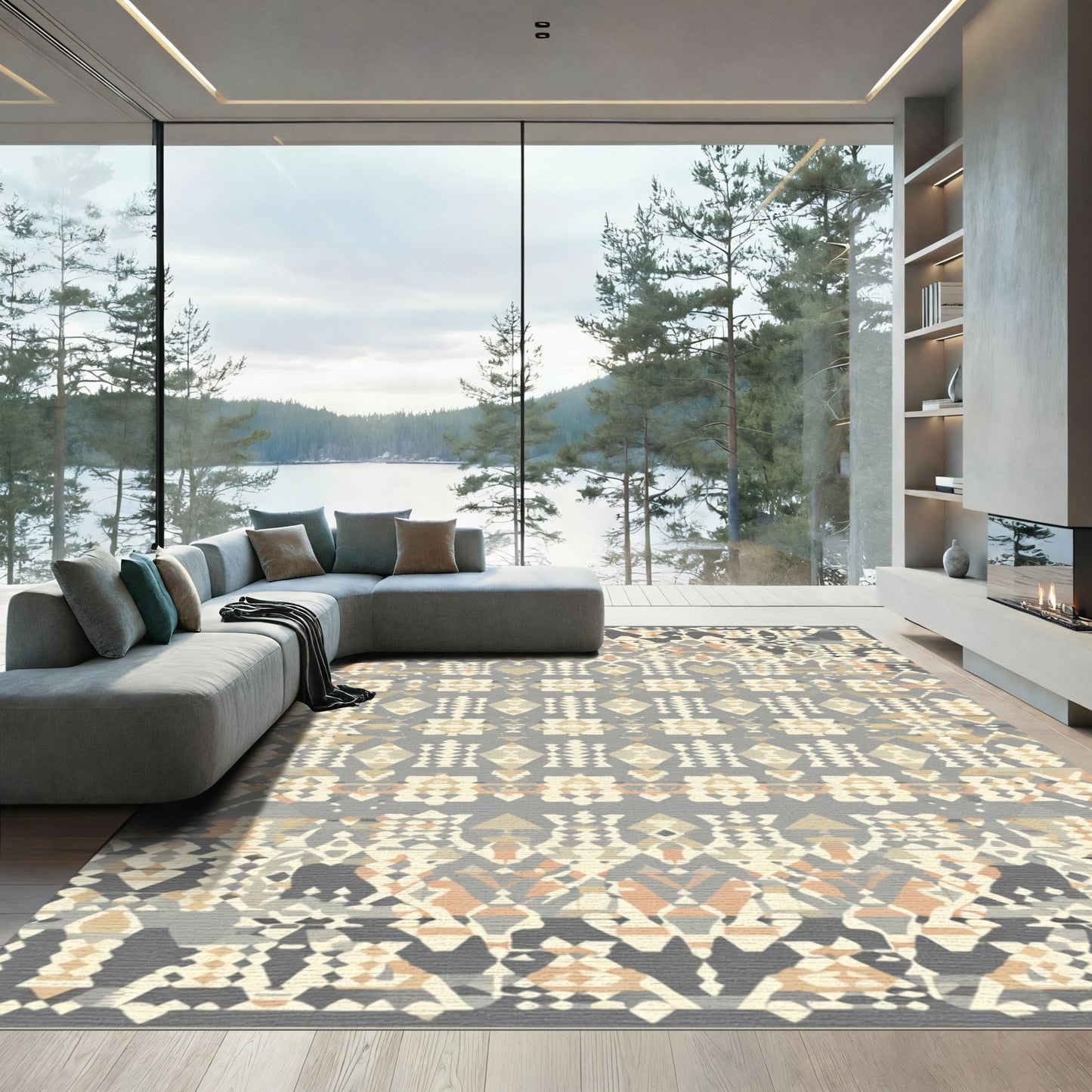 Neutral Ethnic Geometric Diamond Stripes Rug
