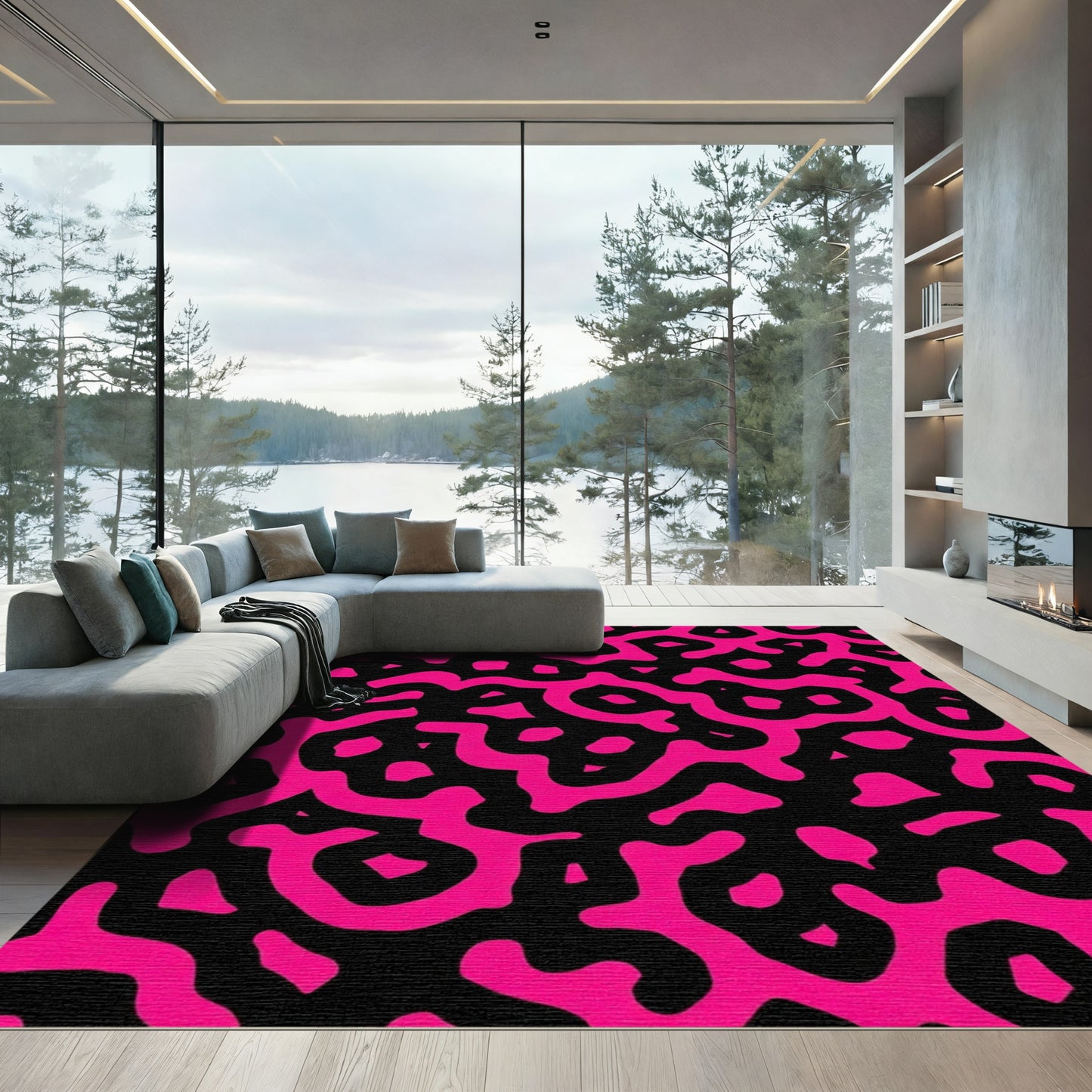 Vibrant Pink Organic Swirls Black Rug
