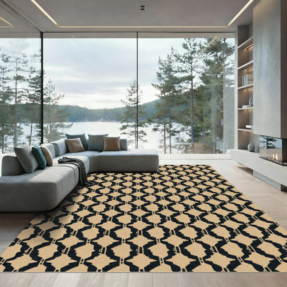 Tan Black Geometric Interlocking Chain Rug