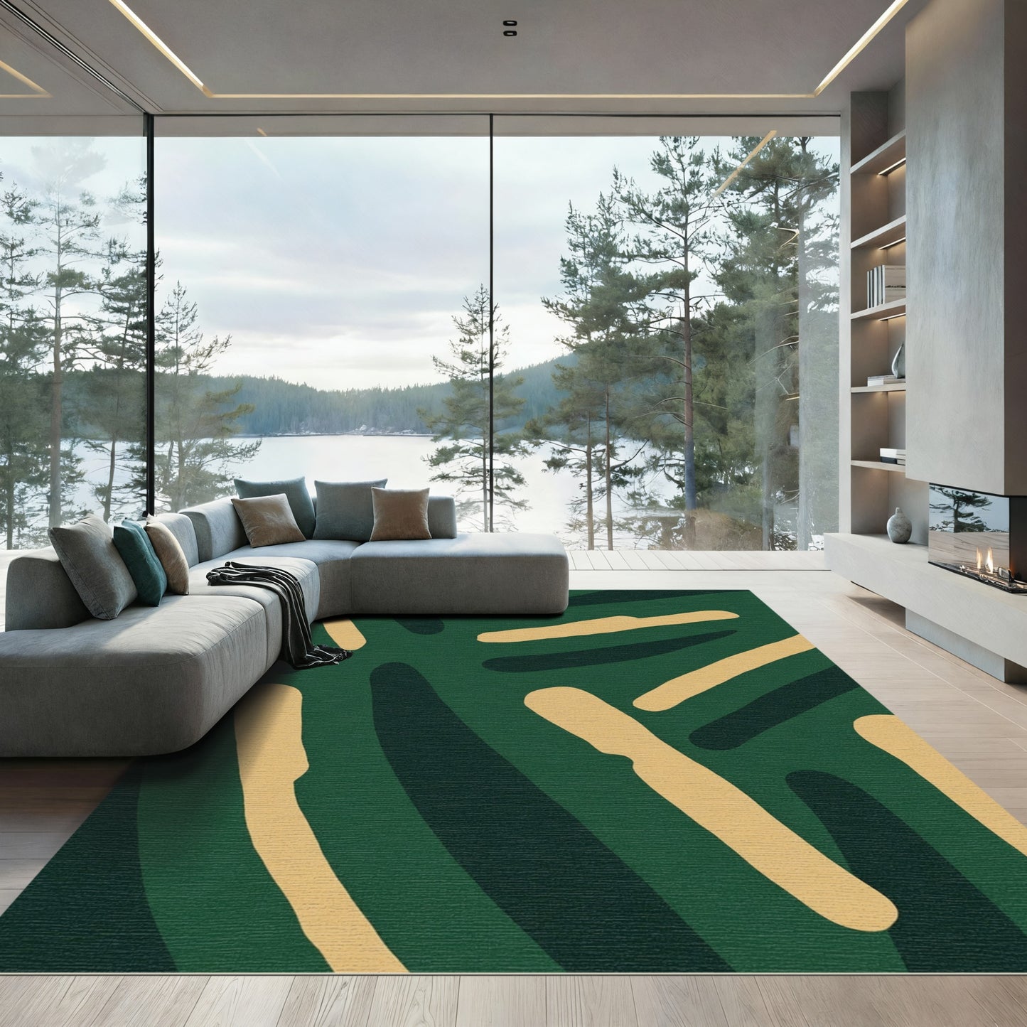 Deep Green Abstract Organic Forms Rug