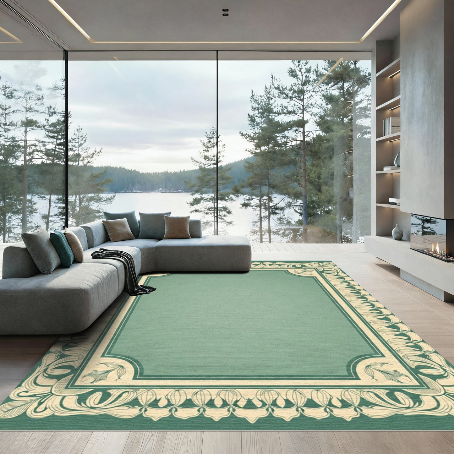Art Nouveau Teal Floral Border Rug