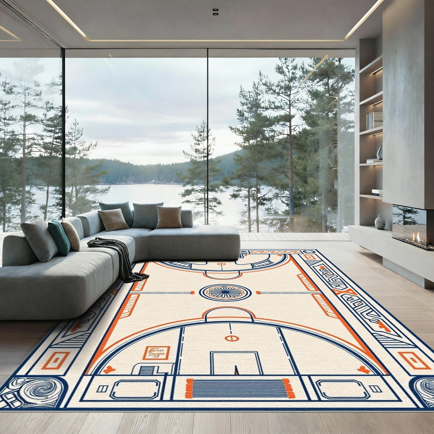 Art Deco Navy Orange Geometric Court Rug
